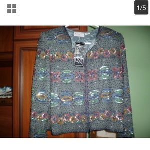 100% Pure Silk Beads Sequins Grey Jacket By Rina Z